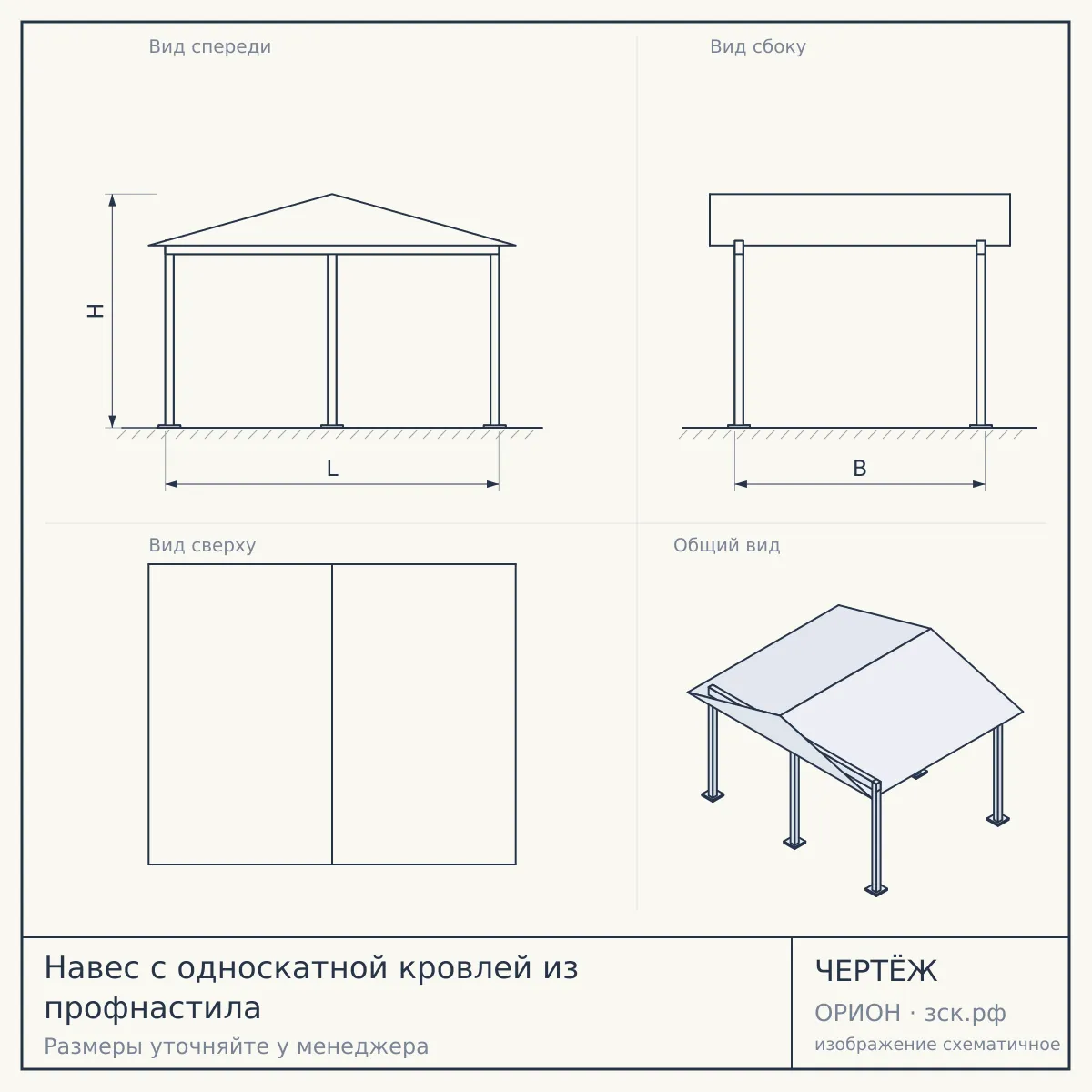Навес с односкатной кровлей из профнастила — чертёж